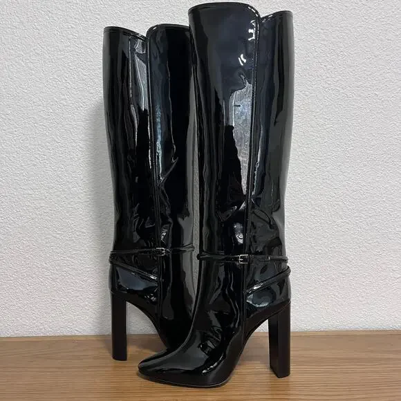 Saint Laurent Tall Knee-High Black Patent Leather Boots 40 - Picture 5 of 13